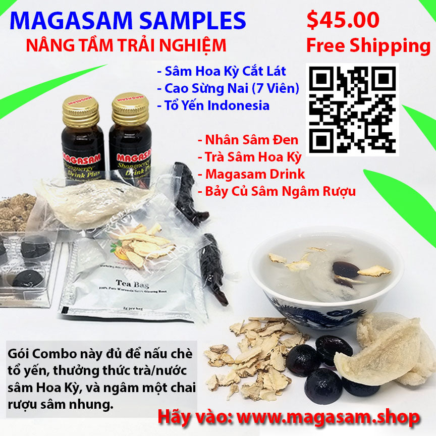 SAMPLE COMBO: NÂNG TẦM TRẢI NGHIỆM: Gồm có Tổ Yến, Lộc Giác Giao, và các sản phẩm Trà, Nhân Sâm Đen, Nước Magasam Hoa Kỳ